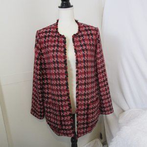 Chico's Jacket Red Black Metallic Tweed Open Fringe Blazer Size 2 Large